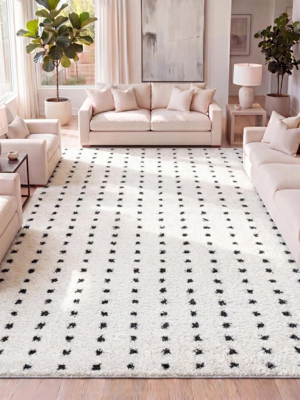 Pele Modern Geometric Dot Shag White/Gray Indoor Area Rug, 5x8, Bohemian